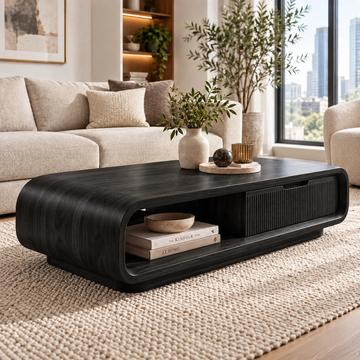 Coffee Table with Fluted Storage and Curved Natural Solid Wood Base - Woodenecho - 7