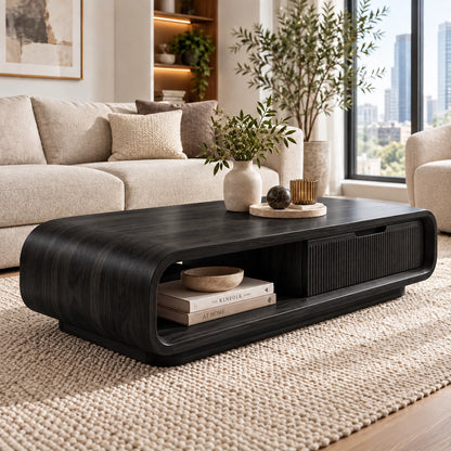 Coffee Table with Fluted Storage and Curved Natural Solid Wood Base - Woodenecho - 7
