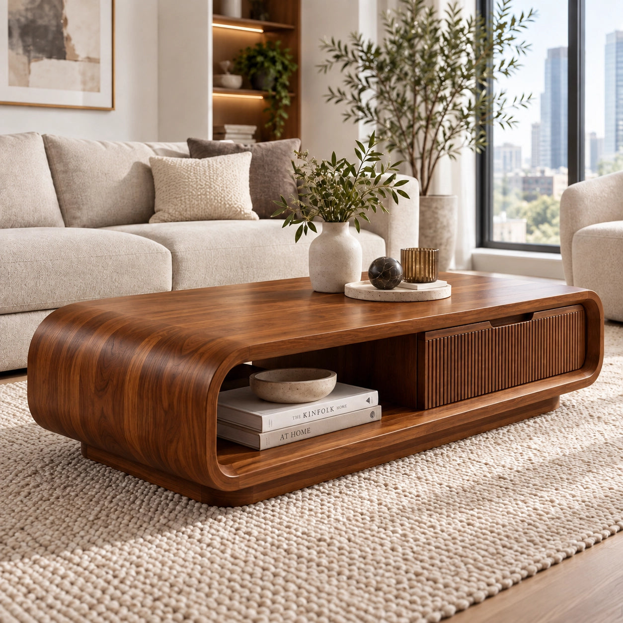 Coffee Table with Fluted Storage and Curved Natural Solid Wood Base - Woodenecho - 8