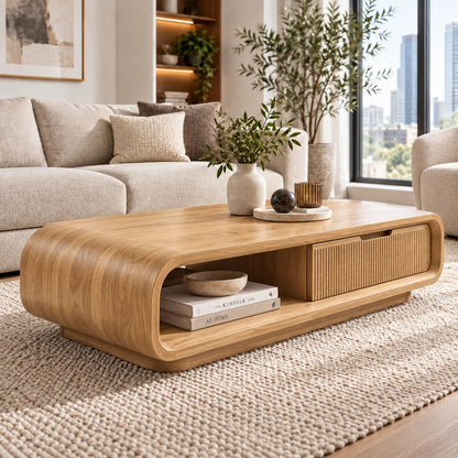 Coffee Table with Fluted Storage and Curved Natural Solid Wood Base - Woodenecho - 9