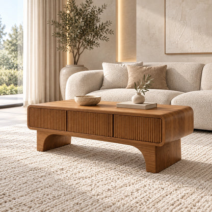 Coffee Table with Fluted Storage Drawers in Natural Solid Wood for Living - Woodenecho - 1