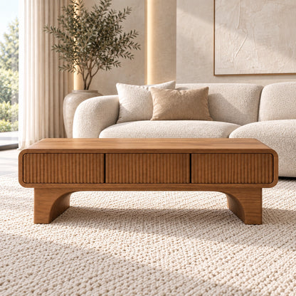 Coffee Table with Fluted Storage Drawers in Natural Solid Wood for Living - Woodenecho - 2