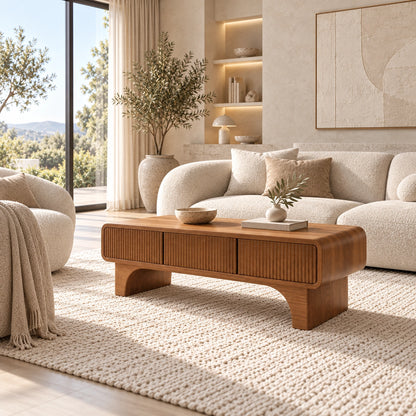 Coffee Table with Fluted Storage Drawers in Natural Solid Wood for Living - Woodenecho - 3