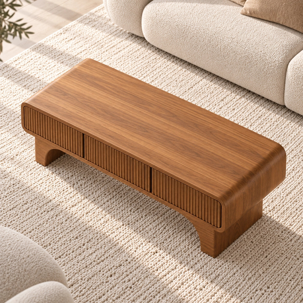 Coffee Table with Fluted Storage Drawers in Natural Solid Wood for Living - Woodenecho - 4