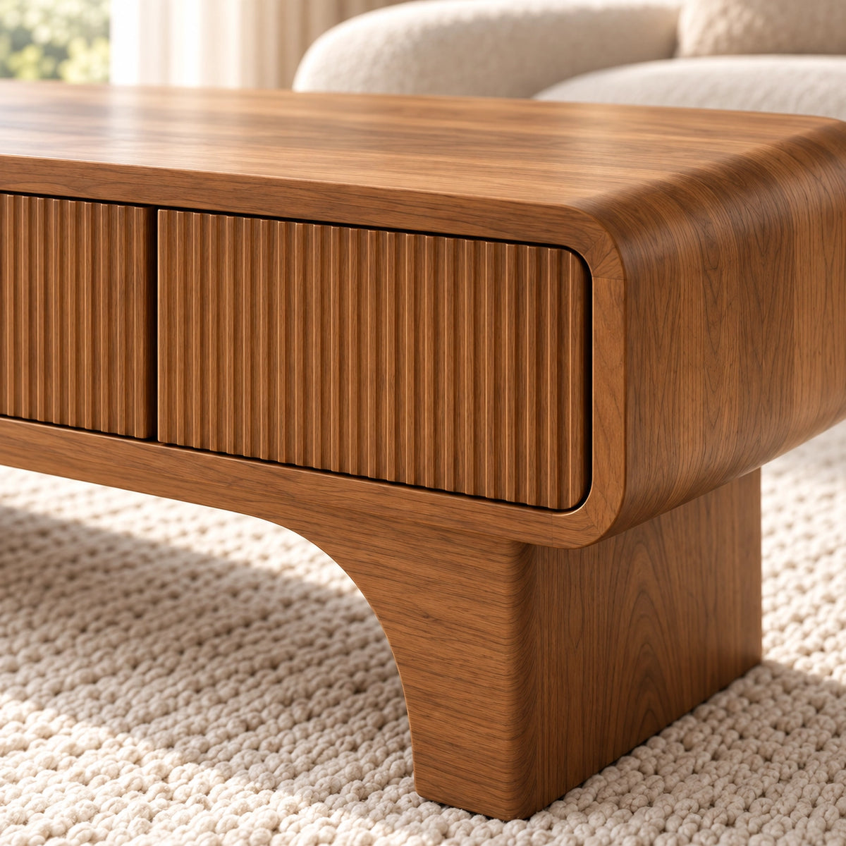 Coffee Table with Fluted Storage Drawers in Natural Solid Wood for Living - Woodenecho - 5