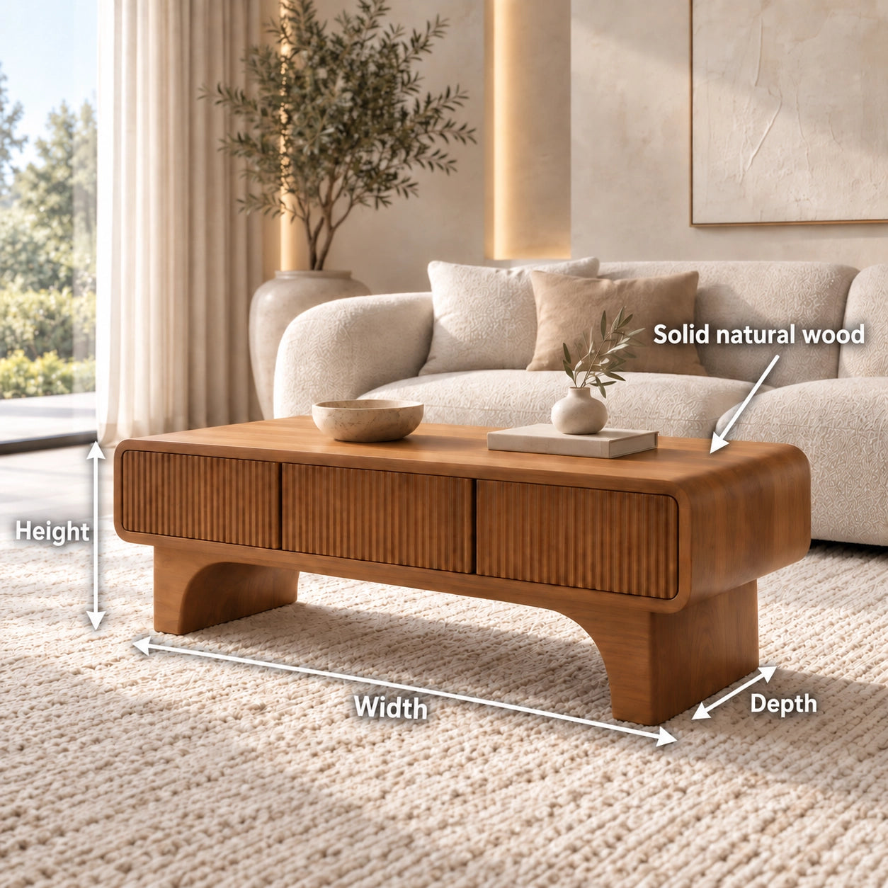 Coffee Table with Fluted Storage Drawers in Natural Solid Wood for Living - Woodenecho - 6