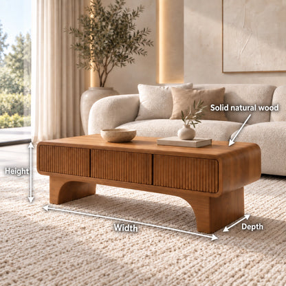 Coffee Table with Fluted Storage Drawers in Natural Solid Wood for Living - Woodenecho - 6