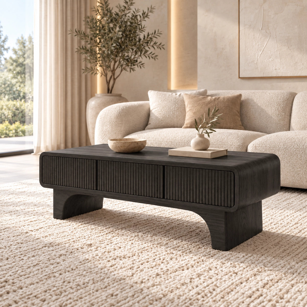 Coffee Table with Fluted Storage Drawers in Natural Solid Wood for Living - Woodenecho - 7