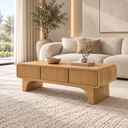 Coffee Table with Fluted Storage Drawers in Natural Solid Wood for Living - Woodenecho - 8