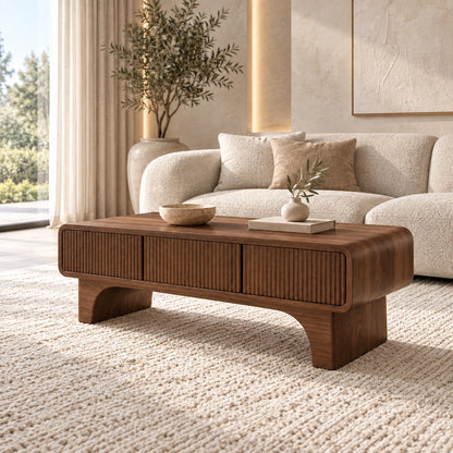 Coffee Table with Fluted Storage Drawers in Natural Solid Wood for Living - Woodenecho - 9