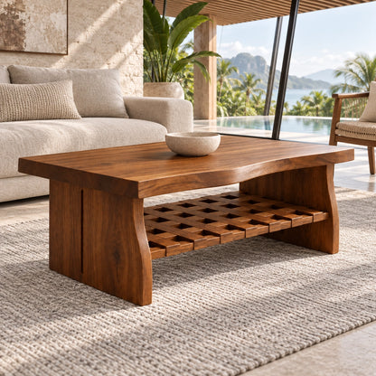 Coffee Table with Lattice Open Shelf in Natural Solid Wood Forms. - Woodenecho - 1
