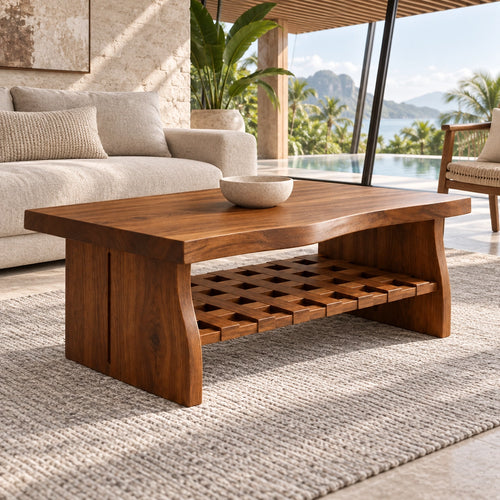 Coffee Table with Lattice Open Shelf in Natural Solid Wood Forms. - Woodenecho - 1