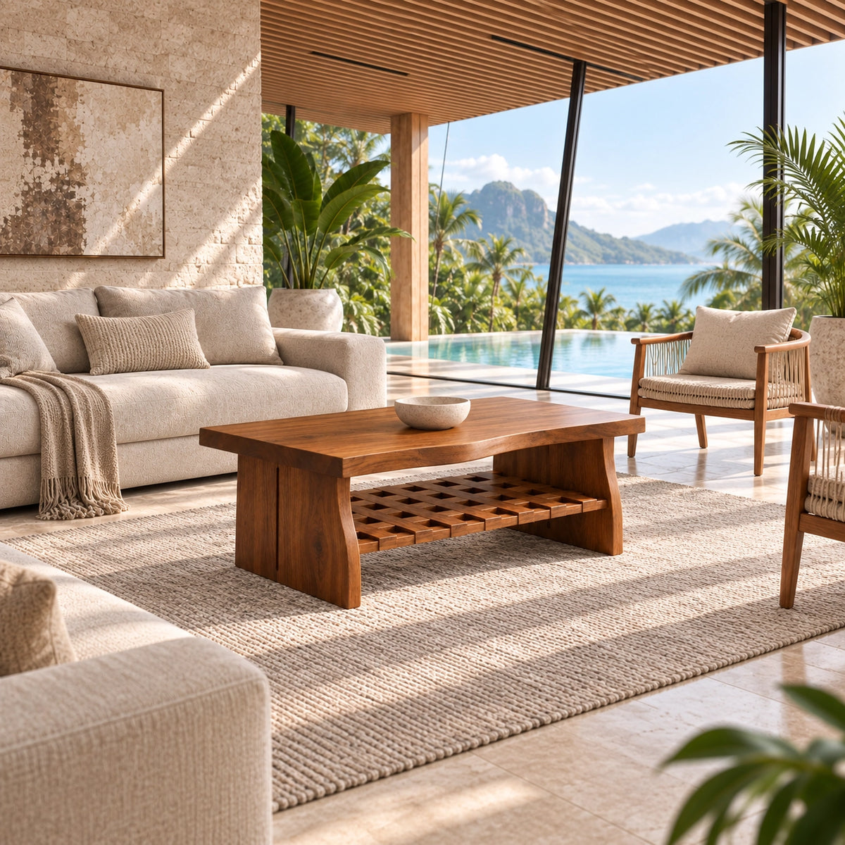 Coffee Table with Lattice Open Shelf in Natural Solid Wood Forms. - Woodenecho - 2