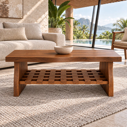 Coffee Table with Lattice Open Shelf in Natural Solid Wood Forms. - Woodenecho - 3