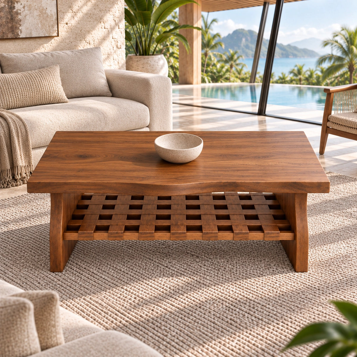 Coffee Table with Lattice Open Shelf in Natural Solid Wood Forms. - Woodenecho - 4
