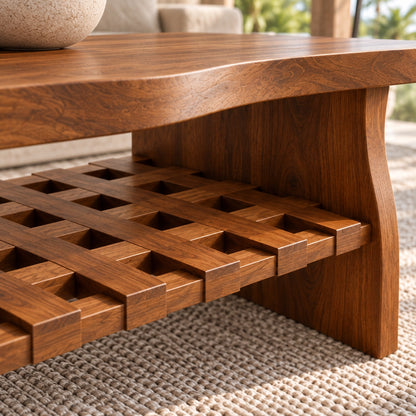 Coffee Table with Lattice Open Shelf in Natural Solid Wood Forms. - Woodenecho - 5