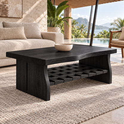 Coffee Table with Lattice Open Shelf in Natural Solid Wood Forms. - Woodenecho - 6