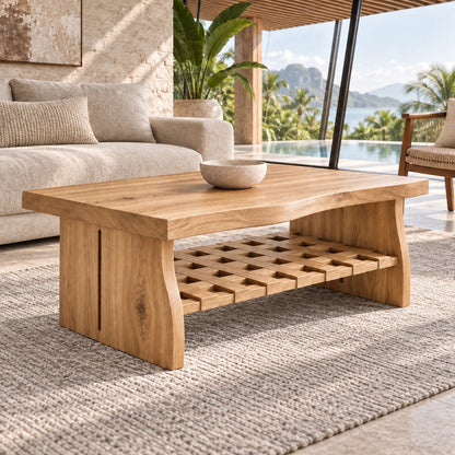 Coffee Table with Lattice Open Shelf in Natural Solid Wood Forms. - Woodenecho - 7