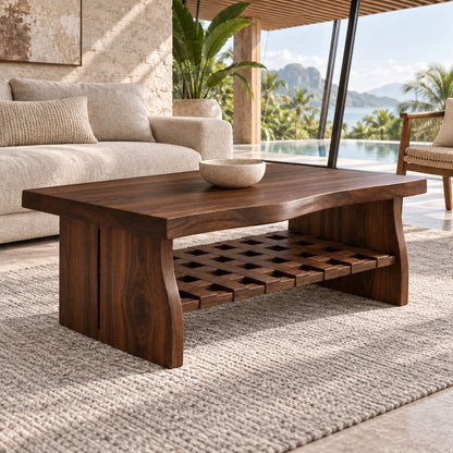 Coffee Table with Lattice Open Shelf in Natural Solid Wood Forms. - Woodenecho - 8