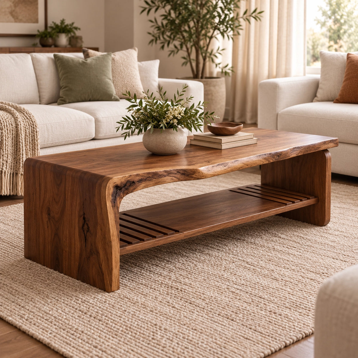 Coffee Table with Live-Edge Top and Fluted Shelf in Natural Solid Wood - Woodenecho - 1