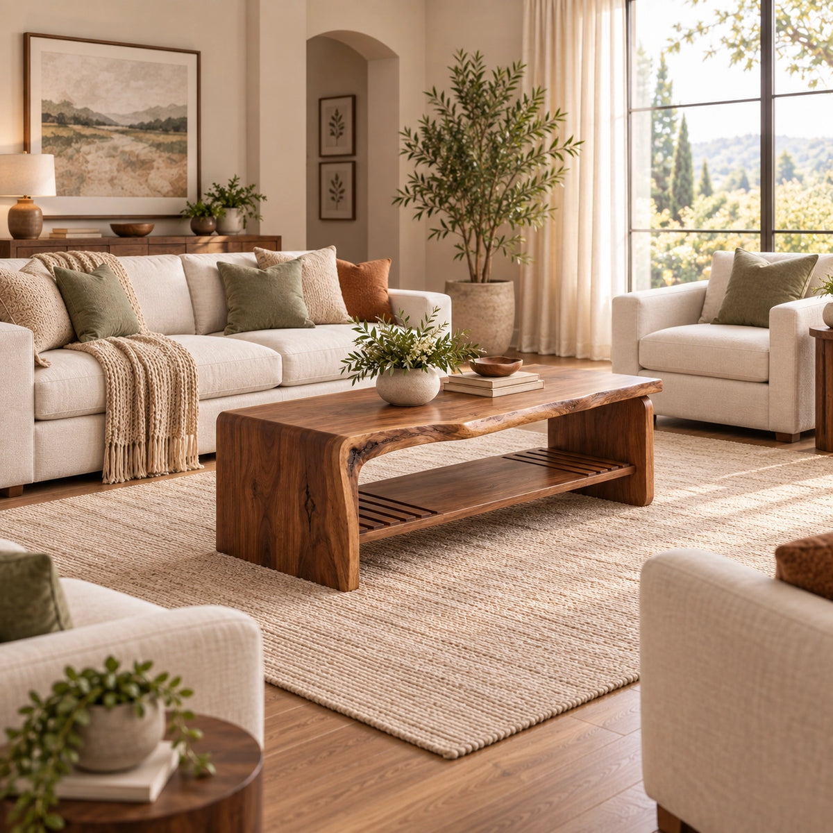 Coffee Table with Live-Edge Top and Fluted Shelf in Natural Solid Wood - Woodenecho - 2