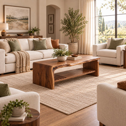 Coffee Table with Live-Edge Top and Fluted Shelf in Natural Solid Wood - Woodenecho - 2