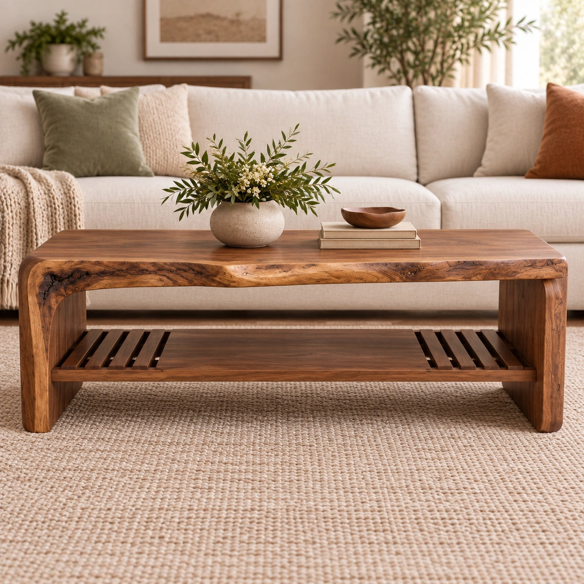 Coffee Table with Live-Edge Top and Fluted Shelf in Natural Solid Wood - Woodenecho - 3