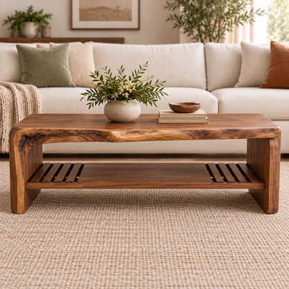 Coffee Table with Live-Edge Top and Fluted Shelf in Natural Solid Wood - Woodenecho - 3