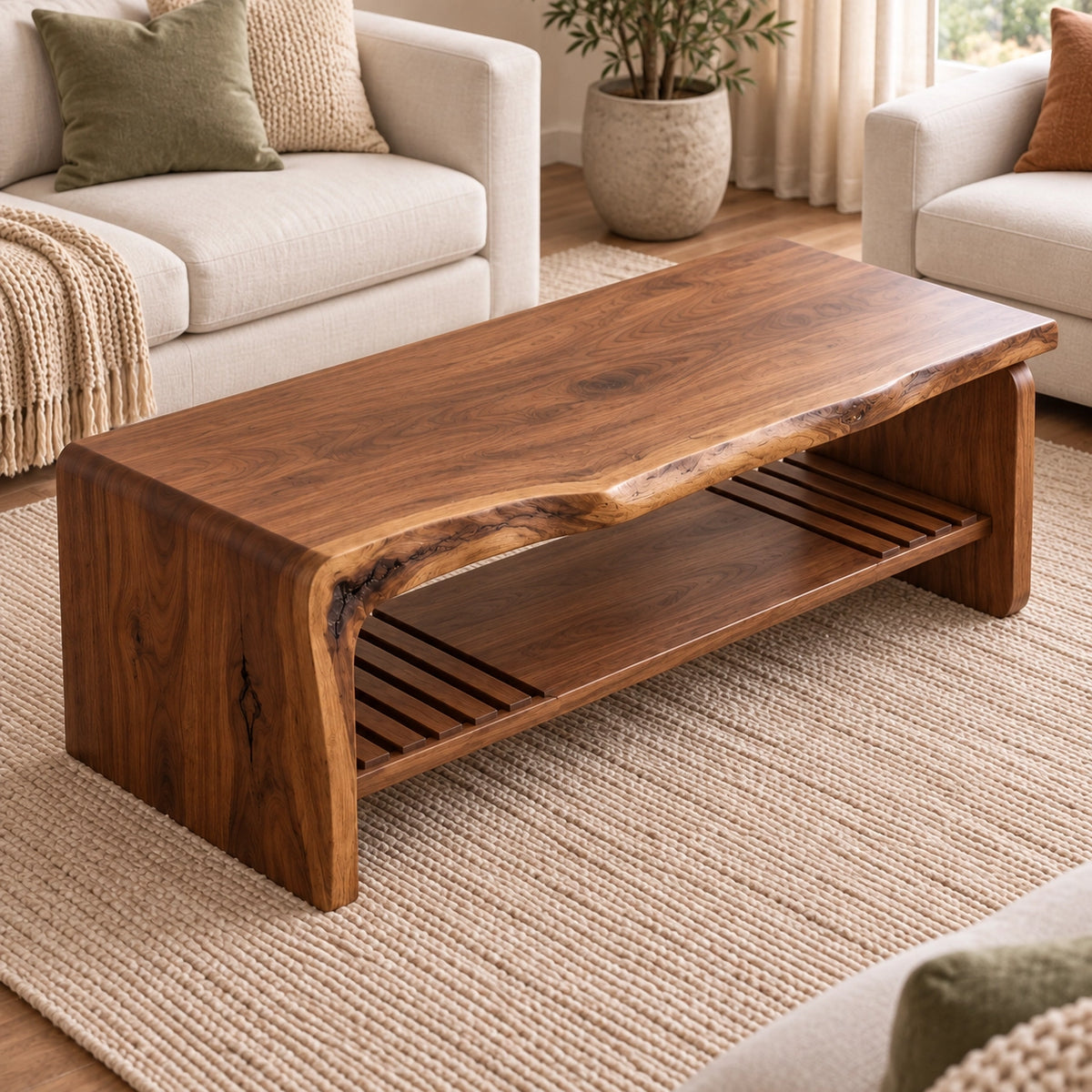Coffee Table with Live-Edge Top and Fluted Shelf in Natural Solid Wood - Woodenecho - 4