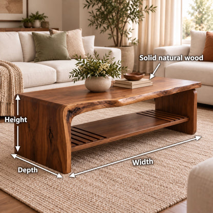 Coffee Table with Live-Edge Top and Fluted Shelf in Natural Solid Wood - Woodenecho - 5