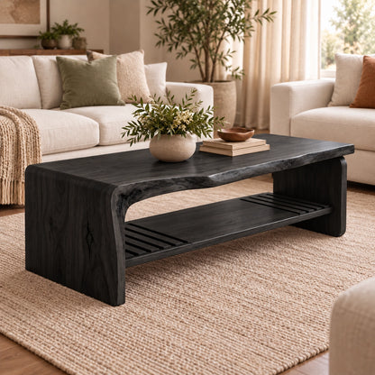 Coffee Table with Live-Edge Top and Fluted Shelf in Natural Solid Wood - Woodenecho - 6