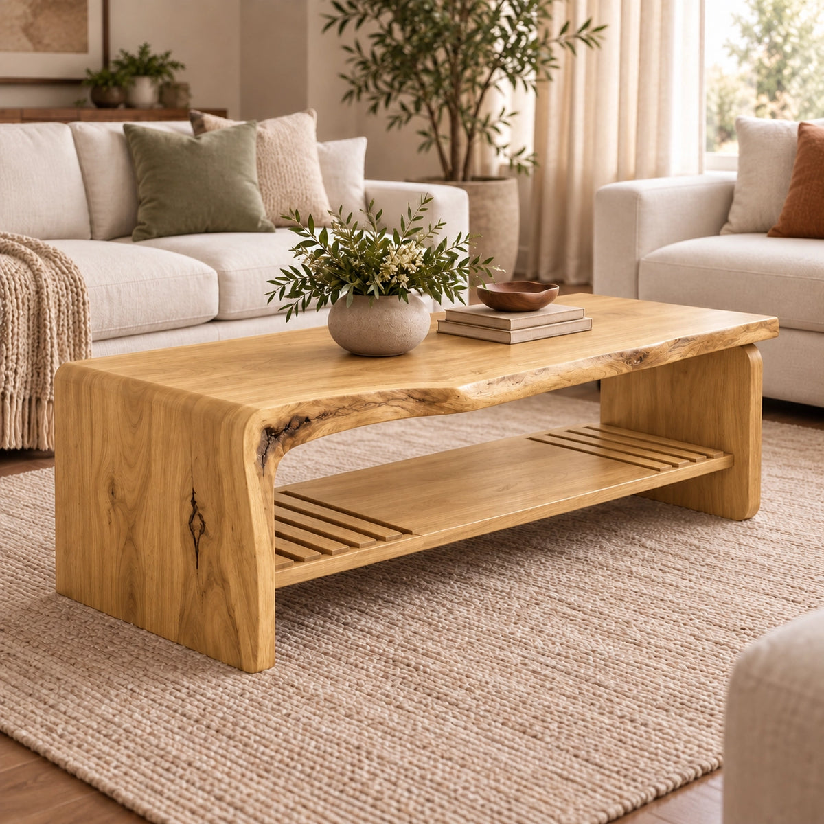 Coffee Table with Live-Edge Top and Fluted Shelf in Natural Solid Wood - Woodenecho - 7