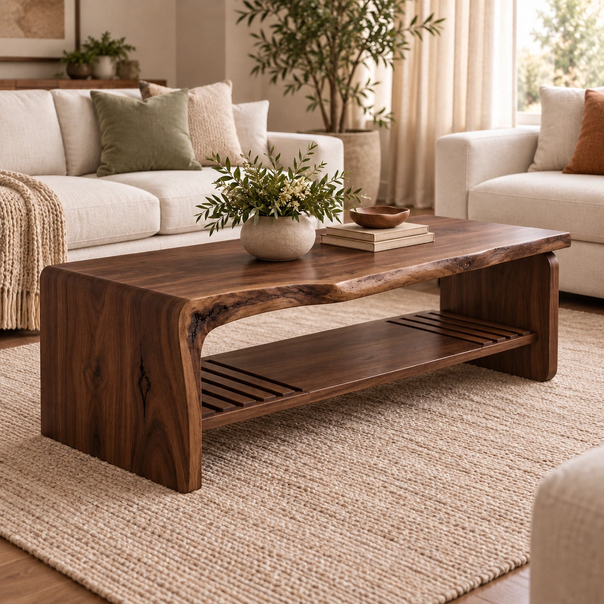 Coffee Table with Live-Edge Top and Fluted Shelf in Natural Solid Wood - Woodenecho - 8