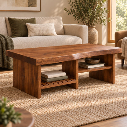 Coffee Table with Open Storage Shelves in Natural Solid Wood Design - Woodenecho - 1