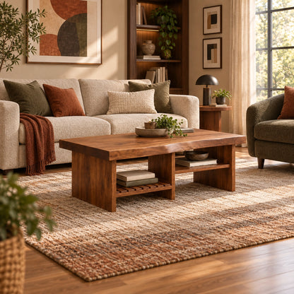 Coffee Table with Open Storage Shelves in Natural Solid Wood Design - Woodenecho - 2