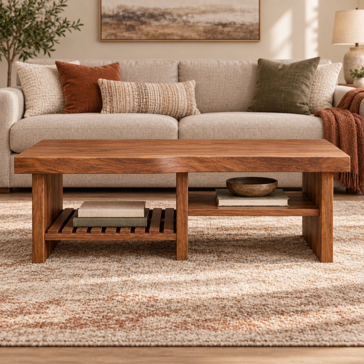 Coffee Table with Open Storage Shelves in Natural Solid Wood Design - Woodenecho - 3