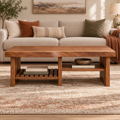 Coffee Table with Open Storage Shelves in Natural Solid Wood Design - Woodenecho - 3
