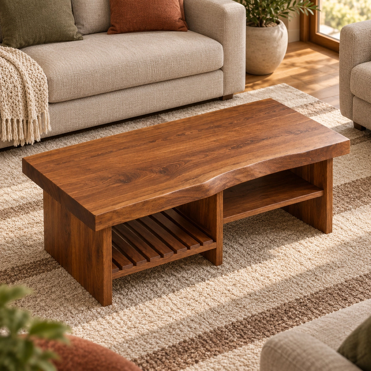 Coffee Table with Open Storage Shelves in Natural Solid Wood Design - Woodenecho - 4