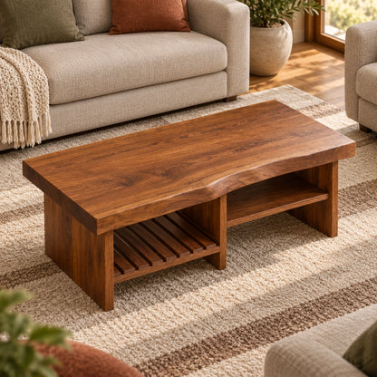 Coffee Table with Open Storage Shelves in Natural Solid Wood Design - Woodenecho - 4