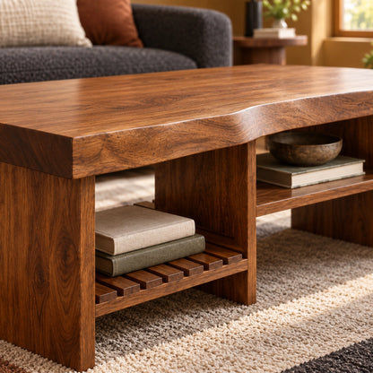 Coffee Table with Open Storage Shelves in Natural Solid Wood Design - Woodenecho - 5