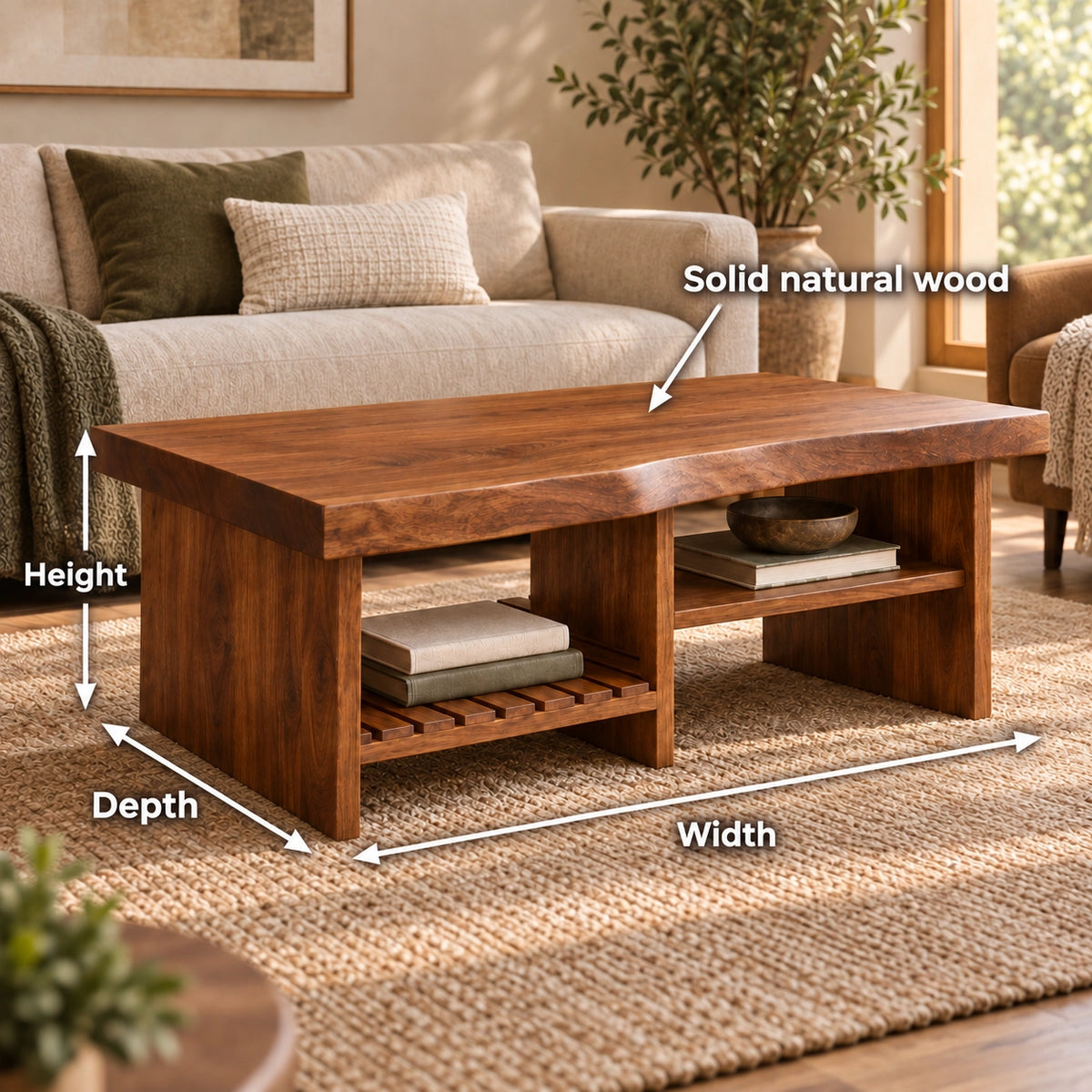Coffee Table with Open Storage Shelves in Natural Solid Wood Design - Woodenecho - 6
