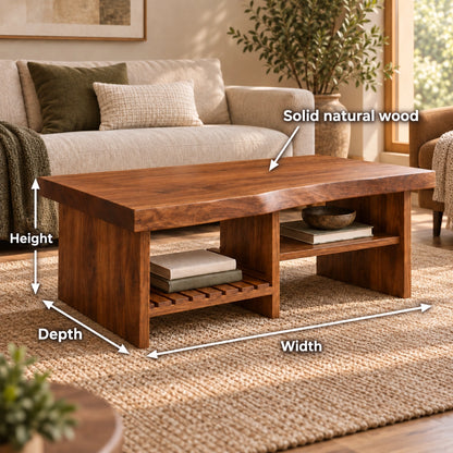 Coffee Table with Open Storage Shelves in Natural Solid Wood Design - Woodenecho - 6