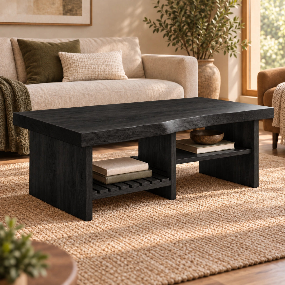 Coffee Table with Open Storage Shelves in Natural Solid Wood Design - Woodenecho - 7