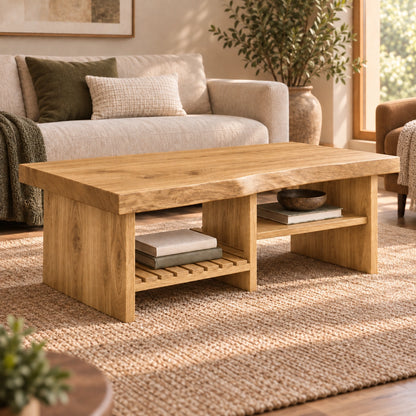 Coffee Table with Open Storage Shelves in Natural Solid Wood Design - Woodenecho - 8