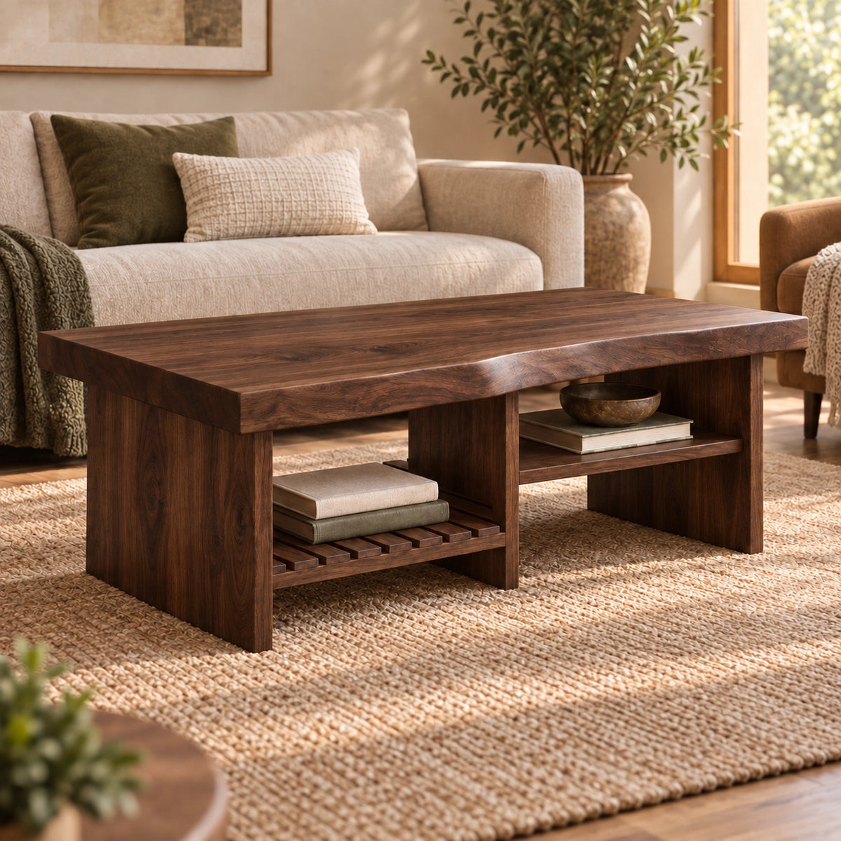 Coffee Table with Open Storage Shelves in Natural Solid Wood Design - Woodenecho - 9