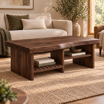Coffee Table with Open Storage Shelves in Natural Solid Wood Design - Woodenecho - 9
