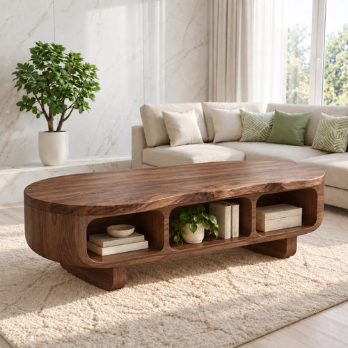 Coffee Table with Rounded Open Storage Shelves in Natural Solid Wood - Woodenecho - 1
