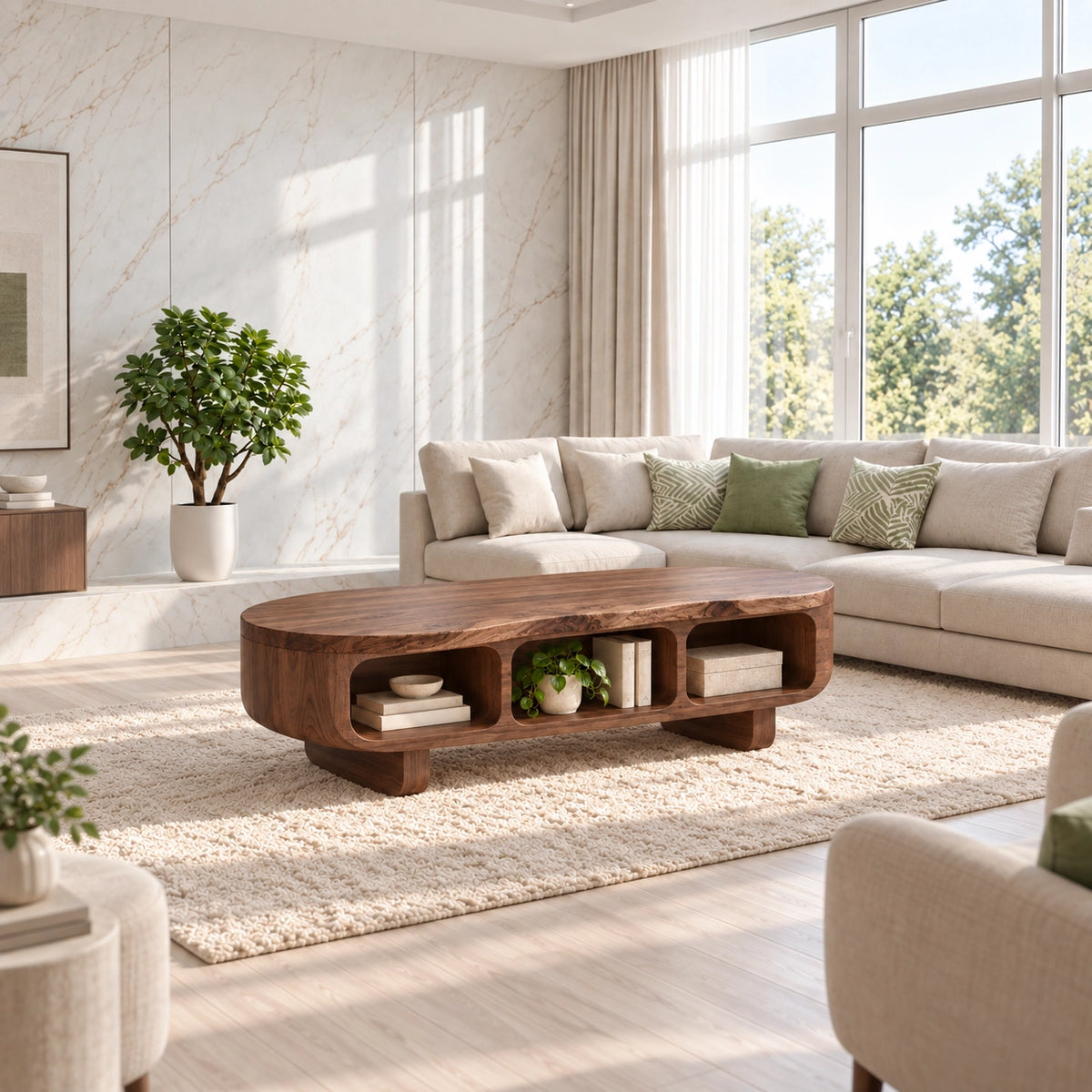 Coffee Table with Rounded Open Storage Shelves in Natural Solid Wood - Woodenecho - 2