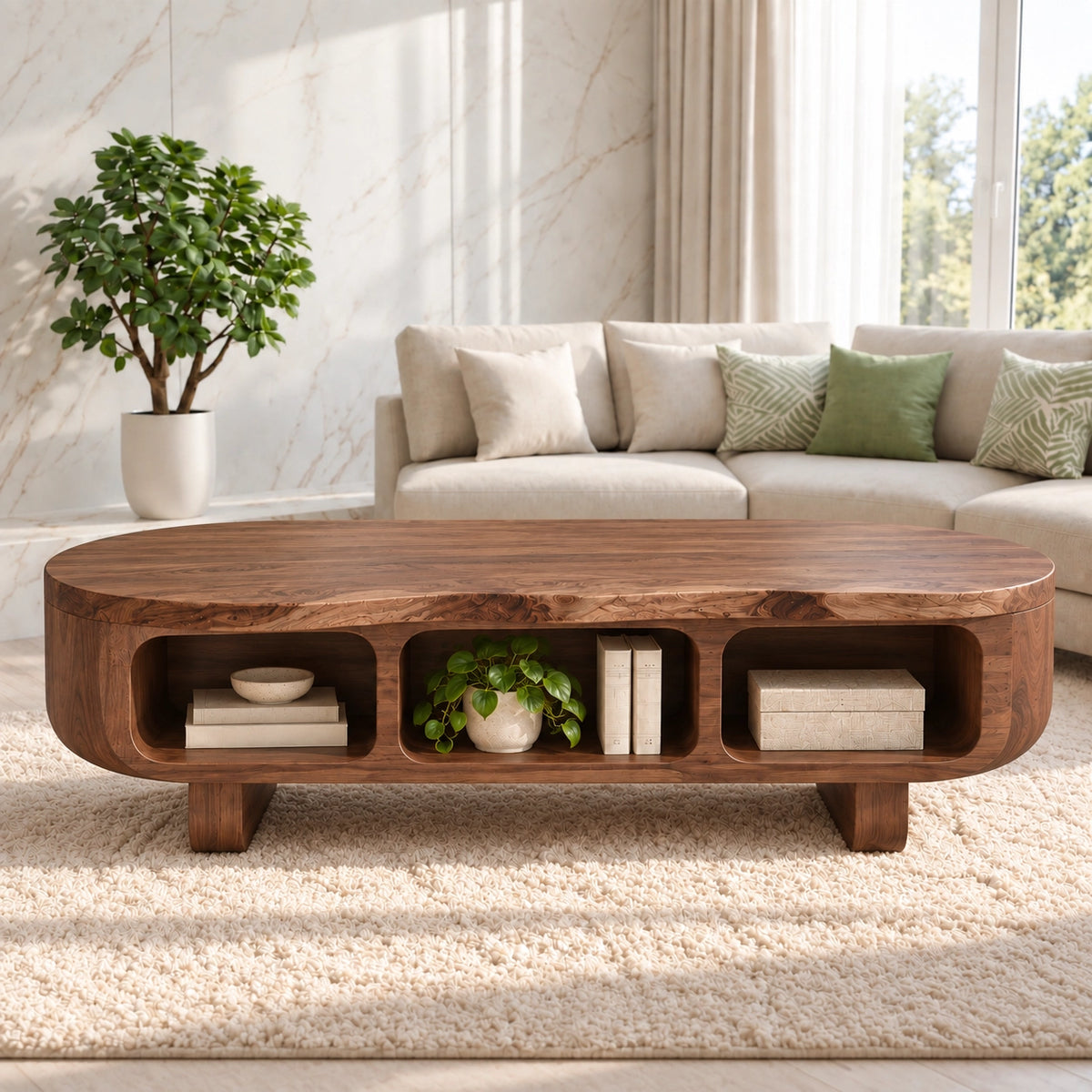 Coffee Table with Rounded Open Storage Shelves in Natural Solid Wood - Woodenecho - 3