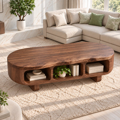 Coffee Table with Rounded Open Storage Shelves in Natural Solid Wood - Woodenecho - 4